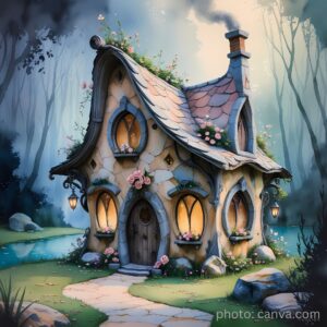 fairy tale house with lighted windows and smoke coming from the chimney