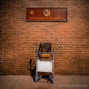 Hogwarts Express sign on a brick wall with empty luggage cart