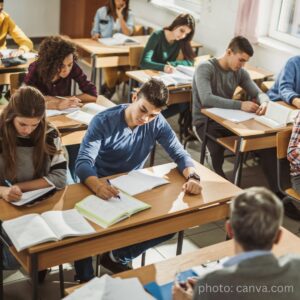 junior high students working at desks with papers and books